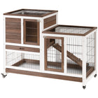 PawHut - Clapier d’intérieur pour lapin, cage à lapin avec roulettes, bac de course, marron - 43,3 po L x 19,7 po l x 34,6 po H-Conception à deux niveaux avec une maison principale et un enclos pour se déplacer librement 