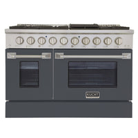 Kucht - 48 po Série KNG Cuisinière Pro Style au gaz propane - Acier inoxydable/Gris ciment-Cuisinez et pâtissez comme un professionnel grâce à deux fours séparés dotés de larges vitres. Le four principal est un four robuste en porcelaine bleue d’une capacité de 4,2 pi³, tandis que le four latéral supplémentaire offre une capacité de 2,5 pi³