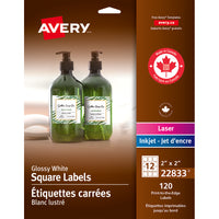 Étiquettes carrées brillantes Avery – 2 po x 2 po – blanches – 120 étiquettes-Étiquettes carrées blanches et lustrées