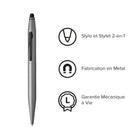 Cross - Stylo à bille double fonction Tech2 avec stylet, laque métallique avec noir brillant - Gris titane-Stylet de 6 mm attaché en haut