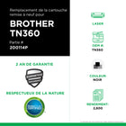 CIG - Cartouche de toner Brother TN360 remise à neuf - rendement élevé - noir- Écologique : Remanufacturé à partir d'une cartouche Brother originale recyclée