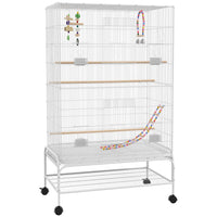 PawHut - Cage à oiseaux 52 po H avec support roulant, jouets, plateau amovible, étagère de rangement - blanc-Espace de vie spacieux et espacement des barreaux de 0,4 po (1 cm), pour les mandarins, inséparables, canaris, perruches ondulées, perruches et plus encore 