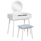 HOMCOM - Coiffeuse avec miroir rond et 2 tiroirs - 31,5 po L x 15,7 po l x 49,2 po H - blanc-Ensemble de 2 pièces comprenant un bureau avec miroir, rangement et un tabouret assorti 