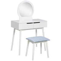 HOMCOM - Coiffeuse avec miroir rond et 2 tiroirs - 31,5 po L x 15,7 po l x 49,2 po H - blanc-Ensemble de 2 pièces comprenant un bureau avec miroir, rangement et un tabouret assorti 