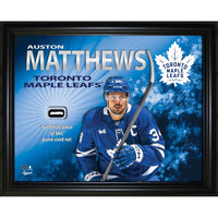 Frameworth - Auston Matthews Maple Leafs de Toronto PhotoGlass avec filet de match - 20 po l x 16 po H-Sous licence officielle de la LNH et de l'AJLNH mettant en vedette Auston Matthews - meilleur buteur de toute l'histoire des Maple Leafs de Toronto qui a depasse Mats Sundin le 3 janvier 2026 avec son 421e but