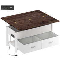 HOMCOM - Table basse relevable avec rangement et station de charge - blanc et brun rustique-Comprend un double plateau relevable et un design extensible, créant une table polyvalente