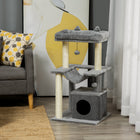 PawHut - Arbre à chat tour à plusieurs niveaux avec maison pour chaton et poteau à griffer - gris-Les poteaux à griffer permettent à votre chat d’aiguiser ses griffes, loin des meubles 
