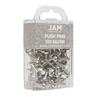 JAM Paper - Punaises colourées - argentées - paquet de 100-Taille : Standard (environ 2,5 cm) | Pointe en acier : idéale pour épingler des notes sur des tableaux en liège et des cabines