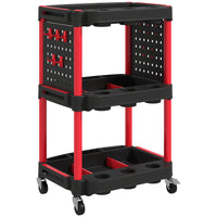 HOMCOM - Chariot à outils à 3 niveaux avec roulettes - noir/rouge-Étagères à trois niveaux, étagères latérales à trous, dix crochets augmentent la capacité de rangement