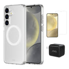 AXS - Ensemble de départ - étui Ultra Clear transparent testé contre les chutes, protecteur d’écran et chargeur 30w pour Samsung Galaxy S25-Étui résistant aux chutes avec des poches d’air absorbant les chocs