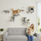 PawHut - Étagères murales pour chat, ensemble de 4 pièces de mobilier - gris clair-Les plateformes et le hamac satisfont l’instinct de grimper des chats 