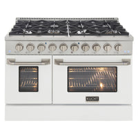 Kucht - 48 po Série KDF Cuisinière Pro Style à double combustible - Acier inoxydable/Blanc-Cuisinez et pâtissez comme un professionnel grâce à deux fours séparés avec grandes fenêtres de four : le four principal en porcelaine bleue robuste offre 4,2 pi³ de capacité, tandis que le four latéral additionnel dispose de 2,5 pi³