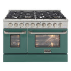 Kucht - 48 po Série KDF Cuisinière Pro Style à double combustible - Acier inoxydable/Vert-Cuisinez et pâtissez comme un professionnel grâce à deux fours séparés avec grandes fenêtres de four : le four principal en porcelaine bleue robuste offre 4,2 pi³ de capacité, tandis que le four latéral additionnel dispose de 2,5 pi³