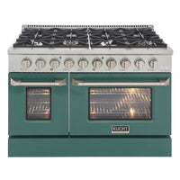 Kucht - 48 po Série KDF Cuisinière Pro Style à double combustible - Acier inoxydable/Vert-Cuisinez et pâtissez comme un professionnel grâce à deux fours séparés avec grandes fenêtres de four : le four principal en porcelaine bleue robuste offre 4,2 pi³ de capacité, tandis que le four latéral additionnel dispose de 2,5 pi³