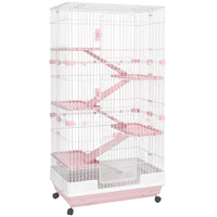 PawHut - Cage pour lapin, cochon d’Inde, furet à 6 niveaux 63 po H, plateau coulissant - rose-Idéal pour les petits animaux de grande taille comme les lapins, visons domestiques, chinchillas, etc. 