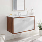 Modway - Transmit 36" Vanité de salle de bain murale - Blanc noyer-Bassin d’évier en céramique