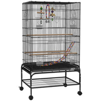 PawHut - Cage à oiseaux 43 po H avec support roulant, jouets, plateau amovible, étagère de rangement - noir-Espace de vie spacieux et espacement des barreaux de 0,4 po (1 cm), pour les pinsons, inséparables, canaris, perruches ondulées, perruches et plus encore 