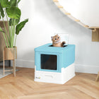 PawHut - Bac à litière fermé pour chat avec pelle, plateau, entrée par le haut, pliable - bleu-Couvercle facile à retirer avec des boucles latérales pour un accès lors du nettoyage 