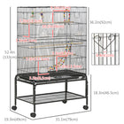 PawHut - Cage à oiseaux 52 po H avec support à roulettes, jouets, plateau amovible, étagère de rangement - noir-Comprend trois perchoirs en bois et quatre mangeoires en plastique 