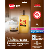 Avery 22822 Étiquettes rectangulaires imprimables jusqu'au bord, transparentes glacées, laser/jet d'encre, 2" x 3", 80/pqt-1