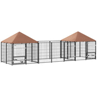 PawHut - Chenil pour chien d’extérieur avec 2 pièces, bols rotatifs à hauteur réglable - 16,2 pi x 4,7 pi x 5,1 pi-Deux pièces et un espace d'activité offrent détente et liberté 