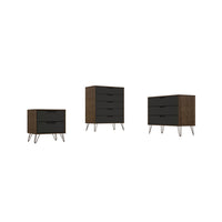 Manhattan Comfort - Ensemble de commodes de chambre à coucher Rockefeller style milieu du siècle - nature et gris texturé - ensemble de 3-Commode haute moderne du milieu du siècle, commode standard et table de chevet pour chambre à coucher, ensemble de 3