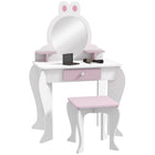 Qaba - Coiffeuse pour enfants avec miroir et tabouret motif lapin - blanc-Une coiffeuse pour enfants, comprenant une table de maquillage, un tabouret assorti et un miroir  
