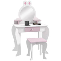 Qaba - Coiffeuse pour enfants avec miroir et tabouret motif lapin - blanc-Une coiffeuse pour enfants, comprenant une table de maquillage, un tabouret assorti et un miroir  
