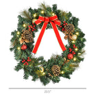HOMCOM - Couronne d'épicéa artificiel pré-éclairée 61cm - pommes de pin - baies rouges- Garni de pommes de pin, de boules ornementales dorées et rouges, d'un nœud rouge, de paillettes et plus encore  