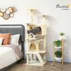 PawHut - Arbre à chat 63 po H, avec deux niches pour chat - blanc crème-Comprend des poteaux à griffer et une rampe pour satisfaire les instincts naturels de griffade 