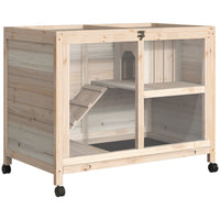 PawHut - Clapier d’intérieur pour lapin avec roulettes, cage pour lapin avec rampe, bois naturel-Utilisation intérieure 