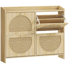 HOMCOM - Armoire à chaussures avec 4 tiroirs basculants pour rangement - bois naturel-Les portes en rotin uniques et la finition effet bois ajoutent une touche bohème à n'importe quel espace 