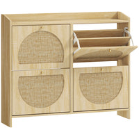 HOMCOM - Armoire à chaussures avec 4 tiroirs basculants pour rangement - bois naturel-Les portes en rotin uniques et la finition effet bois ajoutent une touche bohème à n'importe quel espace 