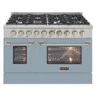 Kucht - 48 po Série KNG Cuisinière Pro Style au gaz naturel - Acier inoxydable/Bleu pâle-Cuisinez et pâtissez comme un professionnel grâce à deux fours séparés dotés de larges vitres. Le four principal est un four robuste en porcelaine bleue d’une capacité de 4,2 pi³, tandis que le four latéral supplémentaire offre une capacité de 2,5 pi³