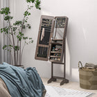 HOMCOM - Armoire à bijoux avec miroir autoportante - 11,75 po L x 57,5 po l x 14,25 po H - marron-Comprend 3 étagères inférieures, 3 rangées de trous pour boucles d’oreilles, 5 crochets à colliers, 3 barres à foulards, un sac de rangement, des porte-bagues, 9 porte-crayons à sourcils, un miroir et une table pliante 