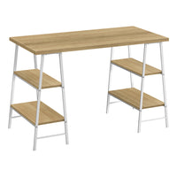 Monarch Specialties - 7529 Bureau 48 po L - Naturel/Metal Blanc-Bureau d'ordinateur de style industriel avec 4 tablettes fixes et ouvertes soutenues par des pieds de style chevalet dans une finition en métal blanc