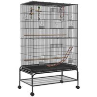 PawHut - Cage à oiseaux 63 po H avec support roulant, jouets, plateau amovible, étagère de rangement - noir-Espace de vie spacieux et espacement des barreaux de 0,5 po (1,2 cm), pour les pinsons, inséparables, canaris, perruches ondulées, perruches et plus encore 