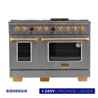 Kucht - 48 po Série KXP Cuisinière double énergie Propane - Acier inoxydable/Or-Cuisinez comme un pro avec deux fours séparés dotés de grandes fenêtres : le principal est en porcelaine bleue robuste avec une capacité de 4,2 pi³, et le four latéral offre 2,5 pi³