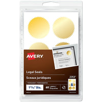 Avery Sceaux juridiques permanents, 1 15/16 po, or, paq./60 (2353)-Sceaux métalliques brillants en or pour certificats et récompenses. L'adhésif permanent maintient les sceaux bien en place et à plat. Parfait pour le gaufrage.