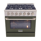 Kucht - 36 po Série KNG Cuisinière Pro Style au gaz propane - Acier inoxydable/Vert olive-Cuisinière à gaz 6 brûleurs incluant un brûleur double de 20 000 BTU TrueSimmer, un brûleur de 15 000 BTU, un brûleur de 12 000 BTU, deux brûleurs de 9 000 BTU et un brûleur de 6 000 BTU pour un mijotage délicat