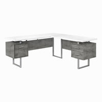 Monarch Specialties - 7618 Bureau 70 po - Blanc/Simili-Ciment/ Metal Argent/L/R-Bureau d'ordinateur à panneaux épais en forme de L avec 3 tiroirs de rangement et 3 pieds en métal au fini argenté