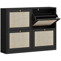 HOMCOM - Armoire à chaussures étroite avec 4 tiroirs rabattables pour entrée ou couloir - noir-Finition noire avec façades en rotin et boutons pour un style bohème chic 