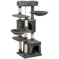 PawHut - Arbre à chat 52,5 po avec lit, condos, hamacs - gris foncé-Le centre de jeu comprend des poteaux à griffer pour la santé des griffes 
