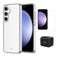 AXS - Ensemble de départ - étui ULTRA CLEAR transparent testé contre les chutes, protecteur d’écran et chargeur 30W pour Samsung Galaxy S24 FE - Clear-Étui résistant aux chutes avec des poches d’air absorbant les chocs