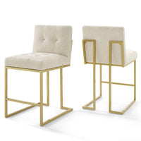 Modway - Privy Acier inoxydable doré Tissu rembourré Tabouret de comptoir - Beige doré - Ensemble de 2-Ensemble de tabourets de comptoir de cuisine Glam Deco de 2