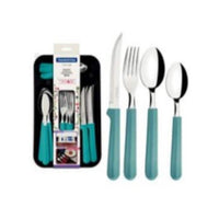 Tramontina - Service de couverts - Ensemble de 25 pièces-Lames en acier inoxydable, manches en polypropylène turquoise, lames de couteaux avec une durabilité de tranchant accrue grâce au traitement thermique. L'ensemble comprend : Cuillère de table - 6 pcs, Cuillère à dessert/thé - 6 pcs, Couteau à steak 5” - 6 pcs, Fourchette de table - 6 pcs, Un tiroir