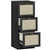 HOMCOM - Caisson à 3 tiroirs pour dossiers lettre/A4 verrouillable - noir-Les façades de tiroirs en rotin naturel et la finition à effet bois créent une touche de style bohème 
