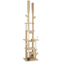 PawHut - arbre à chat du sol au plafond 89 po-100 po avec poteaux à griffer - marron-Hauteur réglable, 88,6 po-100,4 po (225-255 cm), économise de l’espace et améliore les niveaux élevés 