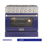 Kucht - 36 po Série KDF Cuisinière Pro Style au gaz propane - Acier inoxydable/Bleu-La cuisinière à gaz à 6 brûleurs comprend un brûleur double de 20 000 BTU avec mode mijotage, un brûleur de 15 000 BTU, un brûleur de 12 000 BTU, deux brûleurs de 9 000 BTU et un brûleur de 6 000 BTU