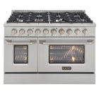 Kucht - 48 po Série KDF Cuisinière Pro Style à double combustible - Acier inoxydable-Cuisinez et pâtissez comme un professionnel grâce à deux fours séparés avec grandes fenêtres de four : le four principal en porcelaine bleue robuste offre 4,2 pi³ de capacité, tandis que le four latéral additionnel dispose de 2,5 pi³